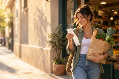 Una ragazza esce da un alimentari con la borsa della spesa e guarda sorridendo lo scontrino.